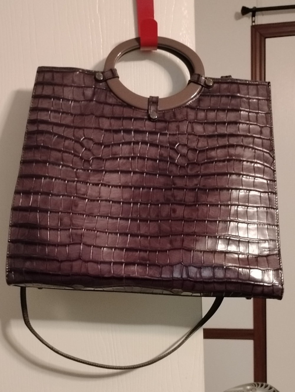 Croc-Embossed Purple Tote with Ring Handles